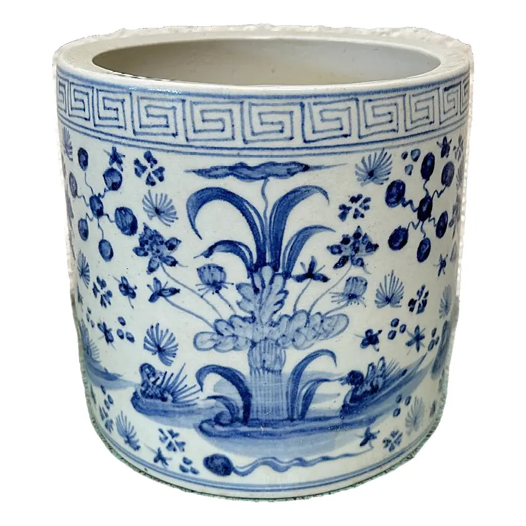 Contemporary Chinoiserie Blue and White Planter With Flowers | Chairish