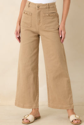 Stable Style Camel Horsebit Accent Wide Leg Denim Pants S / Camel | Red Dress
