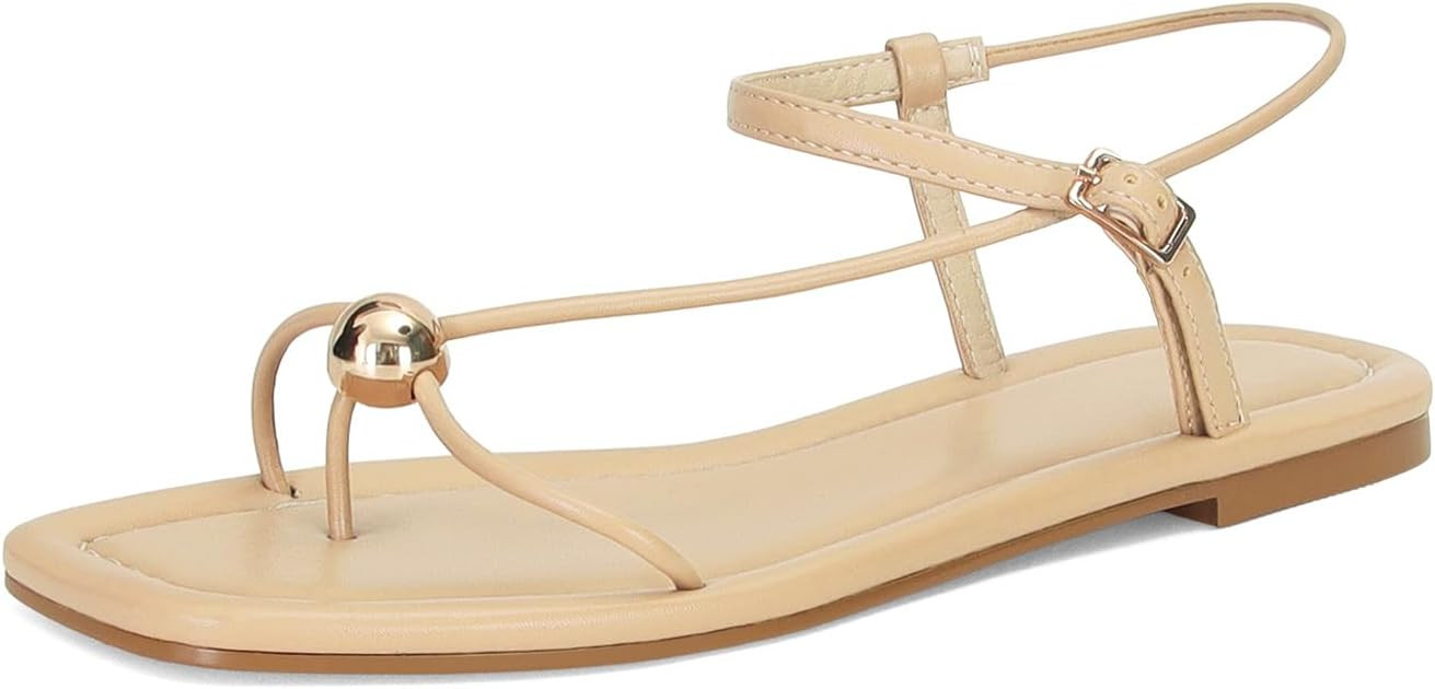 Strappy Flat Sandals for Women Comfortable Open Square Toe Slingback Sandals Dressy Beach Thong F... | Amazon (US)