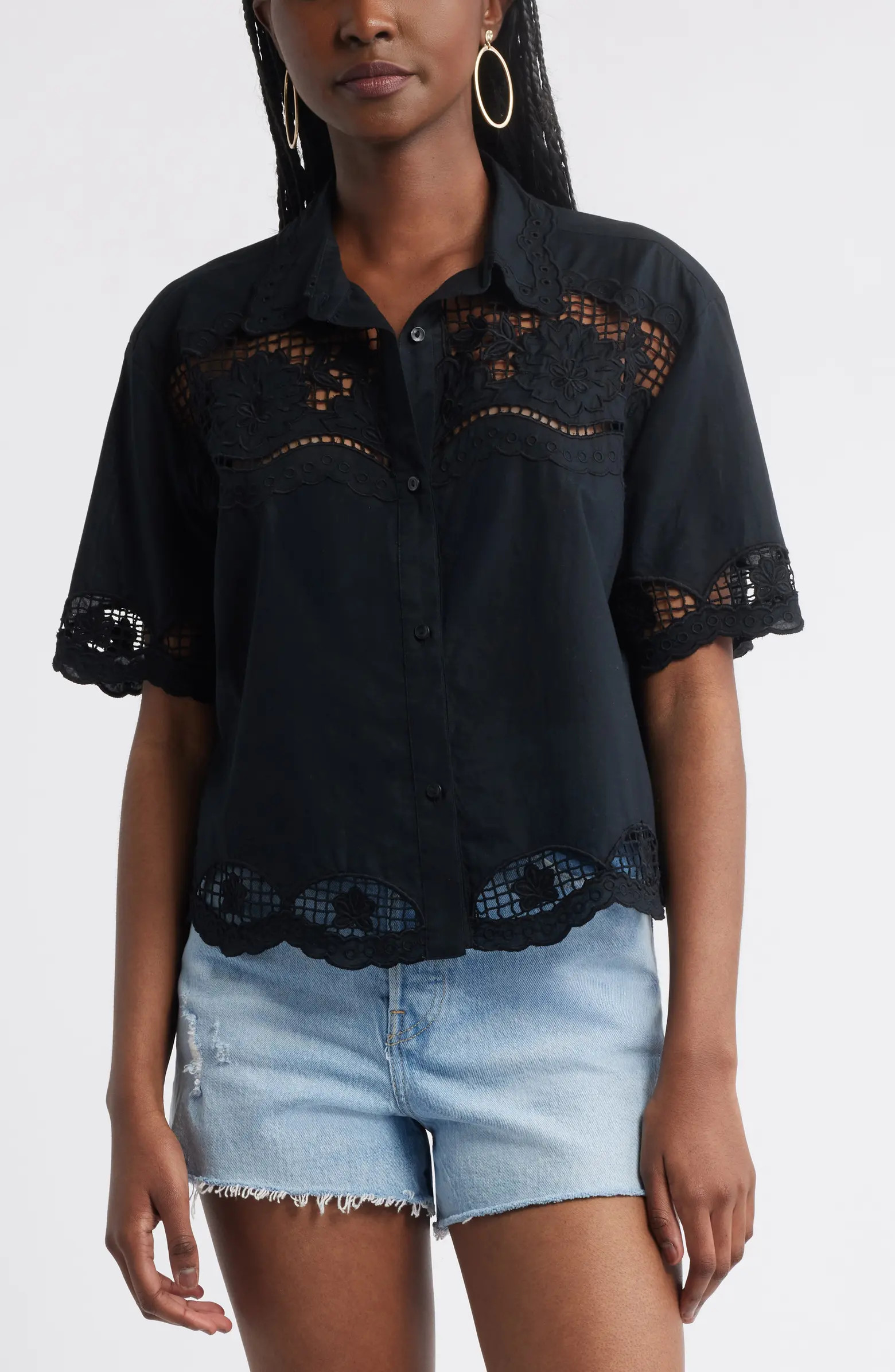 Treasure & Bond Embroidered Cutwork Cotton Camp Shirt | Nordstrom | Nordstrom