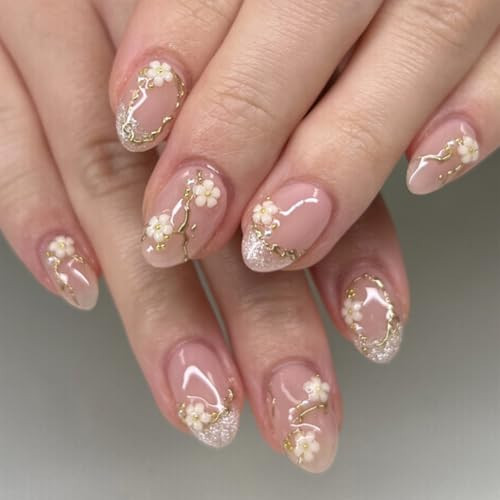 Nude Pink Flower Press on Nails Short Fakes Nails Almond Shape False Nails with Spring Flower Desings Nail Press Ons Full Cover Glue on Nails Spring Gold Lines Acrylic Nail for Women | Amazon (US)