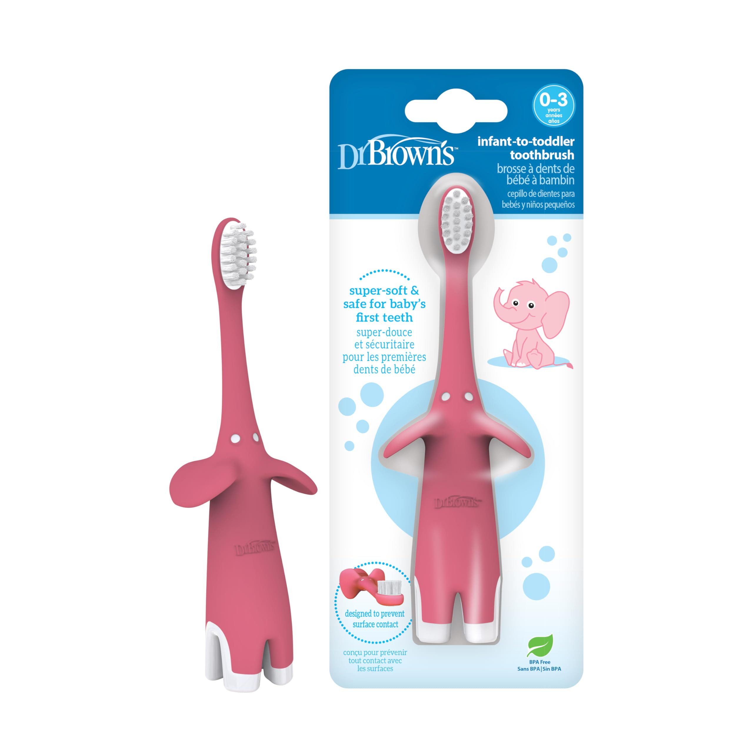 Dr. Brown's Infant-to-Toddler Training Toothbrush, Soft for Baby's First Teeth, Pink Elephant, 0-... | Amazon (US)