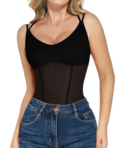 Popilush Shapewear Bodysuit for Women - Mesh Going Out Corset Tops Double Spaghetti Strap Body Suits | Amazon (US)