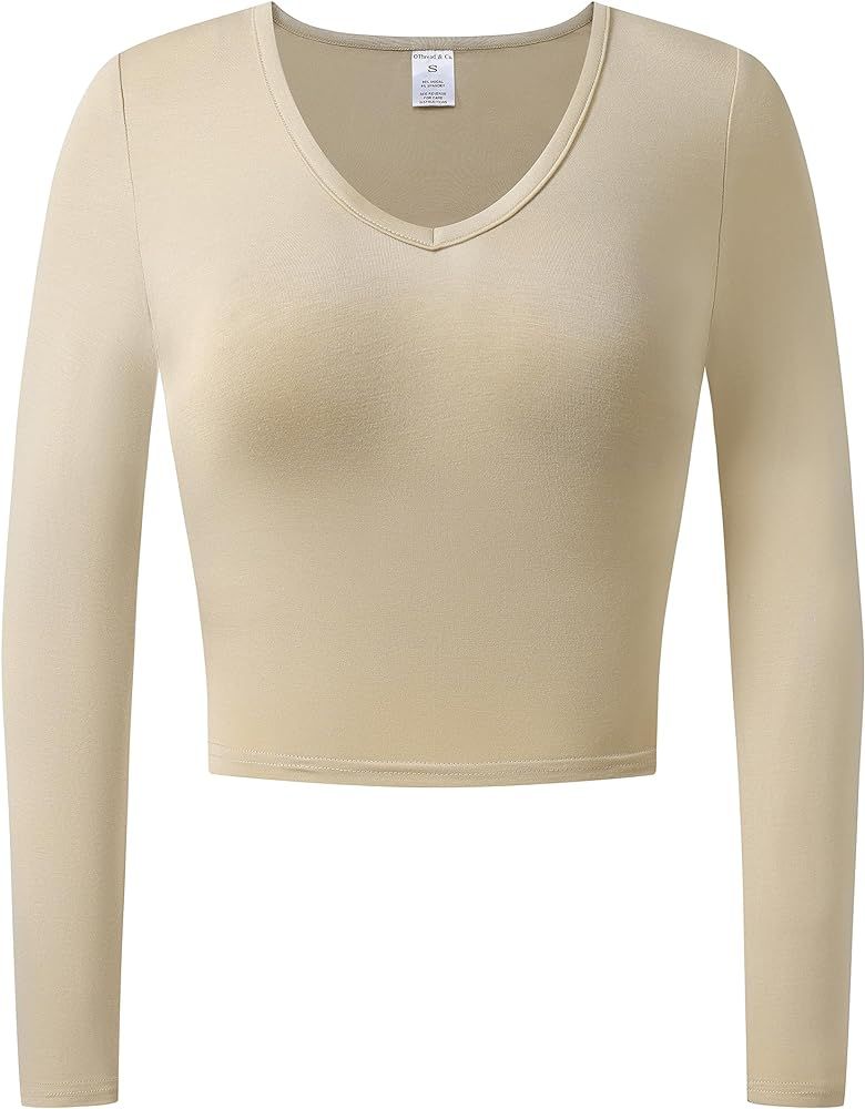 OThread & Co. Women's Long Sleeve V-Neck Crop Top Basic Comfy Stretch Tee | Amazon (US)