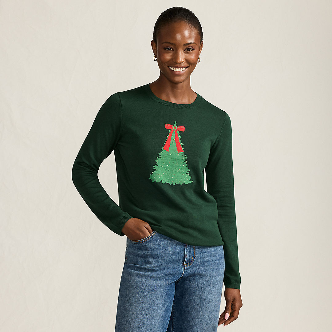 Women's Fine Gauge Placed Jacquard Crew Neck Sweater | Lands' End (US)