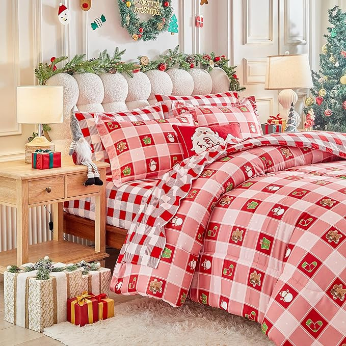 Christmas King Comforter Sheet Set 7 Pieces Bed in a Bag Holiday New Year Style - Red White Plaid... | Amazon (US)