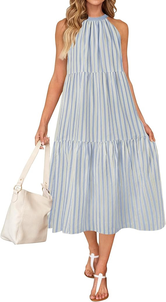 ZESICA Women's Summer Striped Midi Dress 2024 Casual Sleeveless Halter Neck Tiered Flowy Holiday ... | Amazon (US)