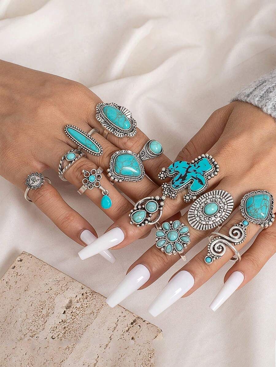 14pcs Vintage Bohemian Style Turquoise Carved Cactus Flower Ring Set For Women | SHEIN