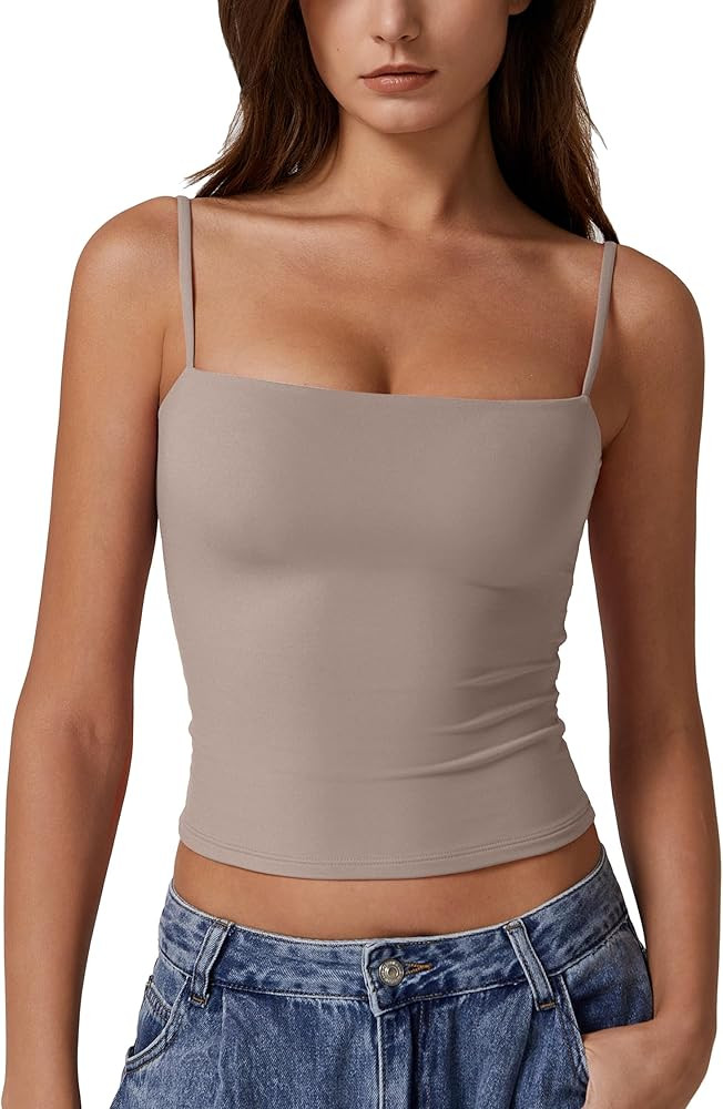 QINSEN Women's Double Lined Basic Tank Top Adjustable Spaghetti Straps Sleeveless Camisole Shirts | Amazon (US)