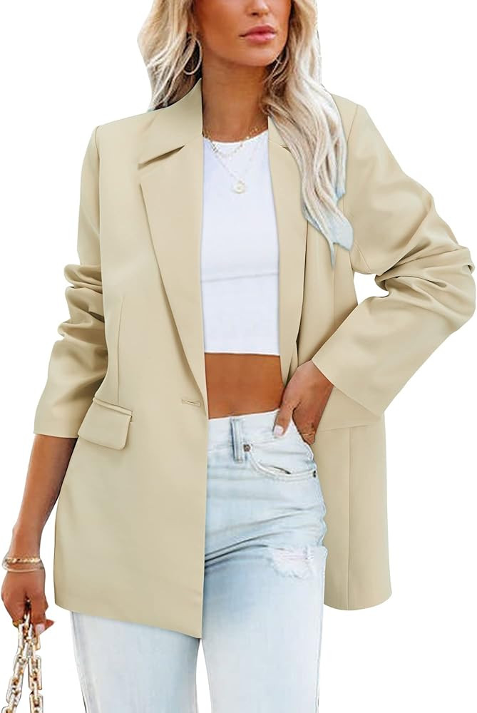 OUGES Women Casual Open Front Blazer Long Sleeve Lapel Button Work Office Blazer Jackets | Amazon (US)