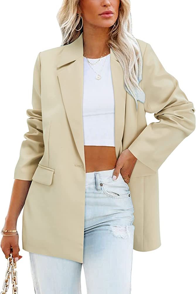 OUGES Women Casual Open Front Blazer Long Sleeve Lapel Button Work Office Blazer Jackets | Amazon (US)