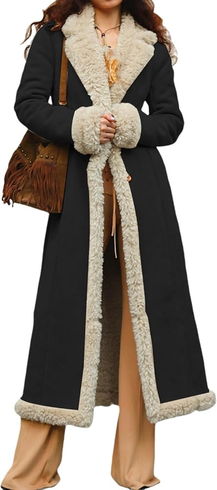 Women's Fleece Fuzzy Long Coats Lapel Faux Fur Sherpa Lined Trench Jacket Winter Warm Cardigan Ov... | Amazon (US)