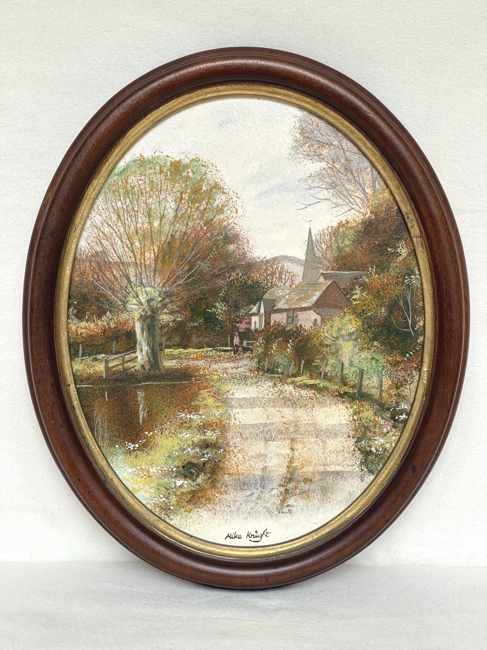 Original Vintage Signed Oil Painting by Mike Knight. English Countryside Church Lane Scene in Ova... | Etsy (US)