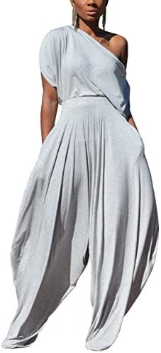 WOKANSE Womens 2 Piece Outfits Solid Short Sleeve Off One Shoulder Pullover Top and Loose Harem P... | Amazon (US)