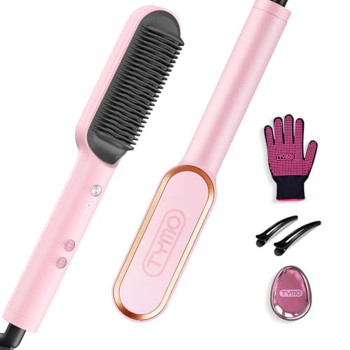 Hair Straightener Brush, TYMO Ring Hair Straightener Comb Straightening Brush for Women with 5 Temps 20s Fast Heating & Dual Voltage, Pink | Amazon (US)