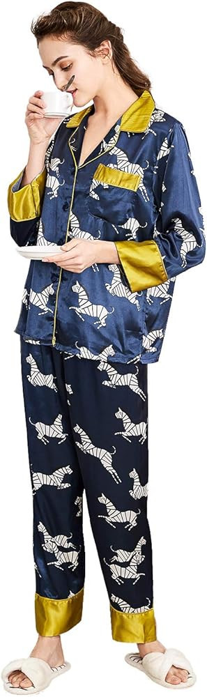 Belle Heure Women’s Silk Satin Classic Long Sleeve Pajamas Button Down Silky Floral Animals Pattern  | Amazon (US)