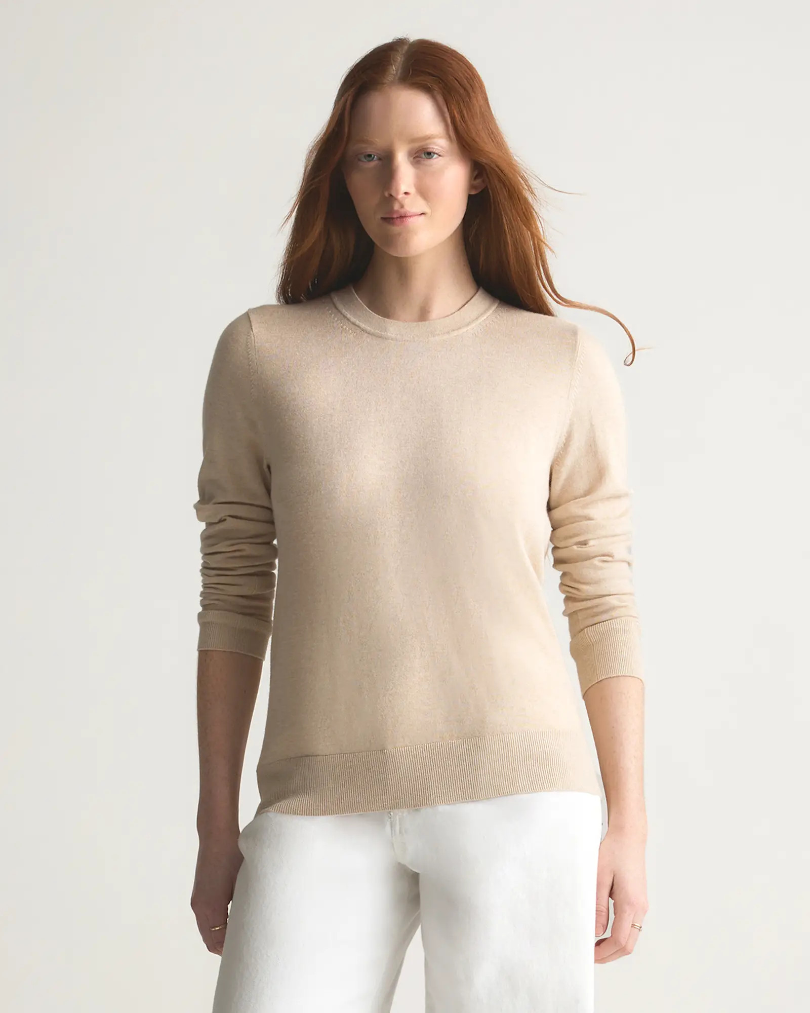 Lightweight Cotton Cashmere Crew Sweater  in Heather Oatmeal | Quince