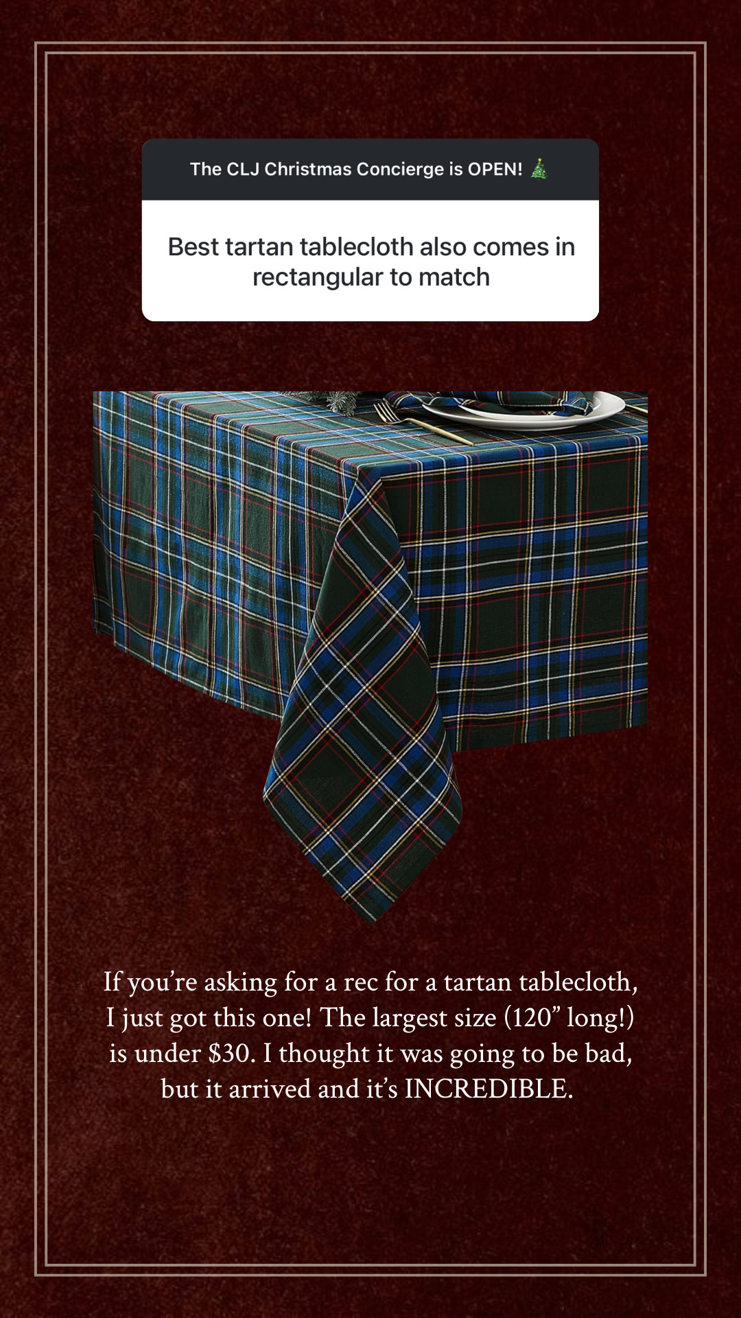 CLJ Christmas Concierge: Tartan Tablecloth 

 #LTKCyberWeek #LTKHoliday #LTKFindsUnder50