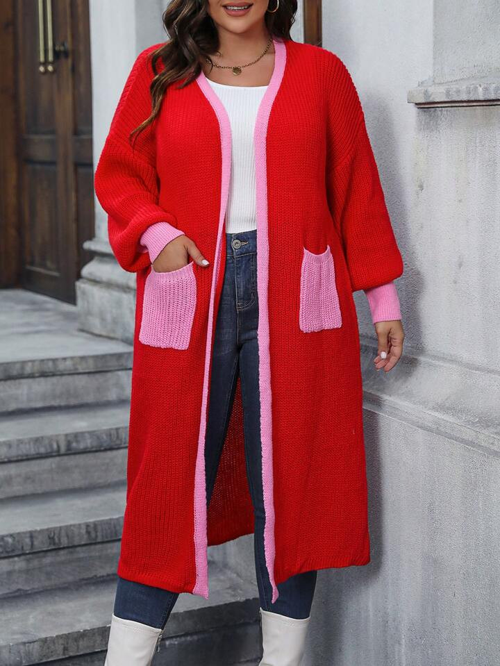 SHEIN Essnce Plus Contrast Trim Dual Pocket Drop Shoulder Open Front Cardigan | SHEIN