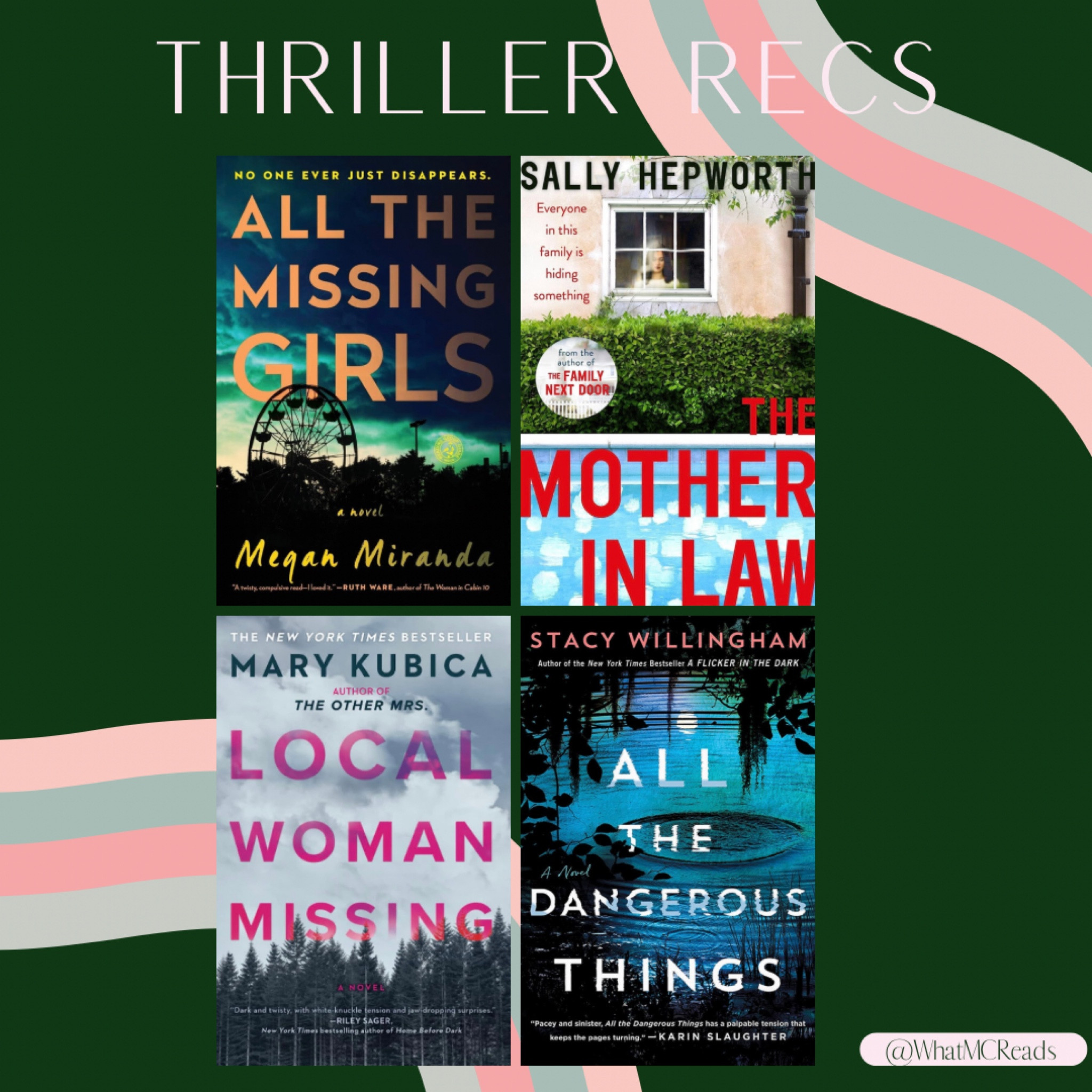 Thriller Thursday // Mystery Thriller Book Recommendations

Megan Miranda || Mary Kubica || Sally Hepworth || Stacy Willingham || Jennifer Hillier || Riley Sager || John Mars || murder mystery || thriller book || book recommendations

#LTKunder50 #LTKFind #LTKhome