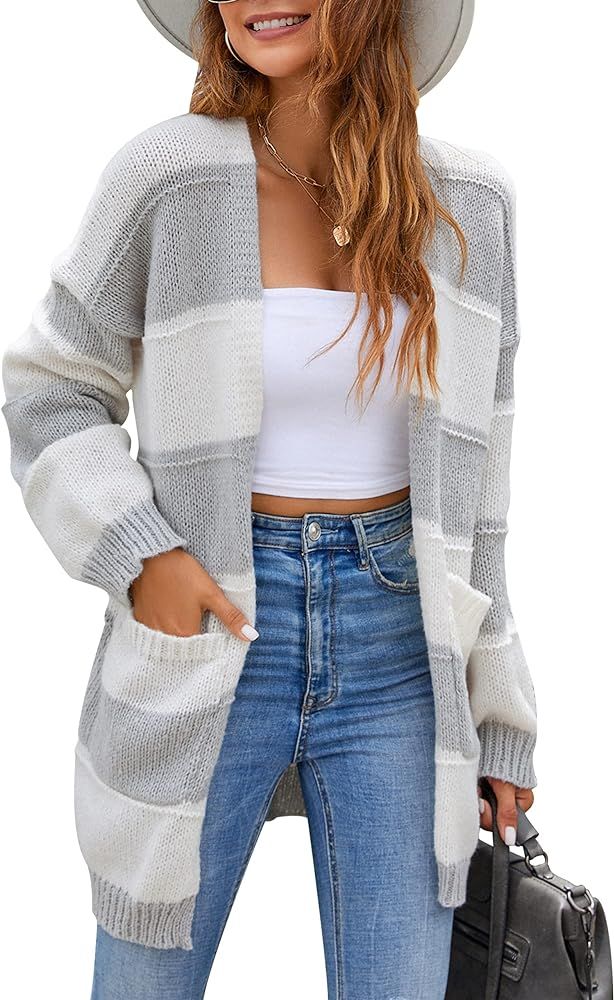 BMJL Womens Oversized Cardigan Cable Knit Colorblock Open Front Sweater Lightweight Chunky Knitwear  | Amazon (US)