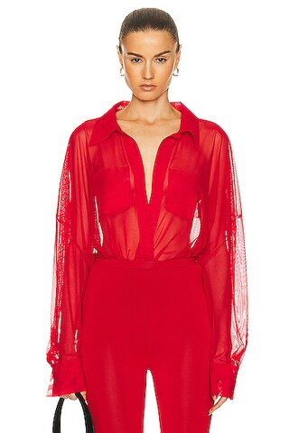 Norma Kamali Super Oversized Boyfriend Shirt Bodysuit in Tiger Red | FWRD | FWRD 