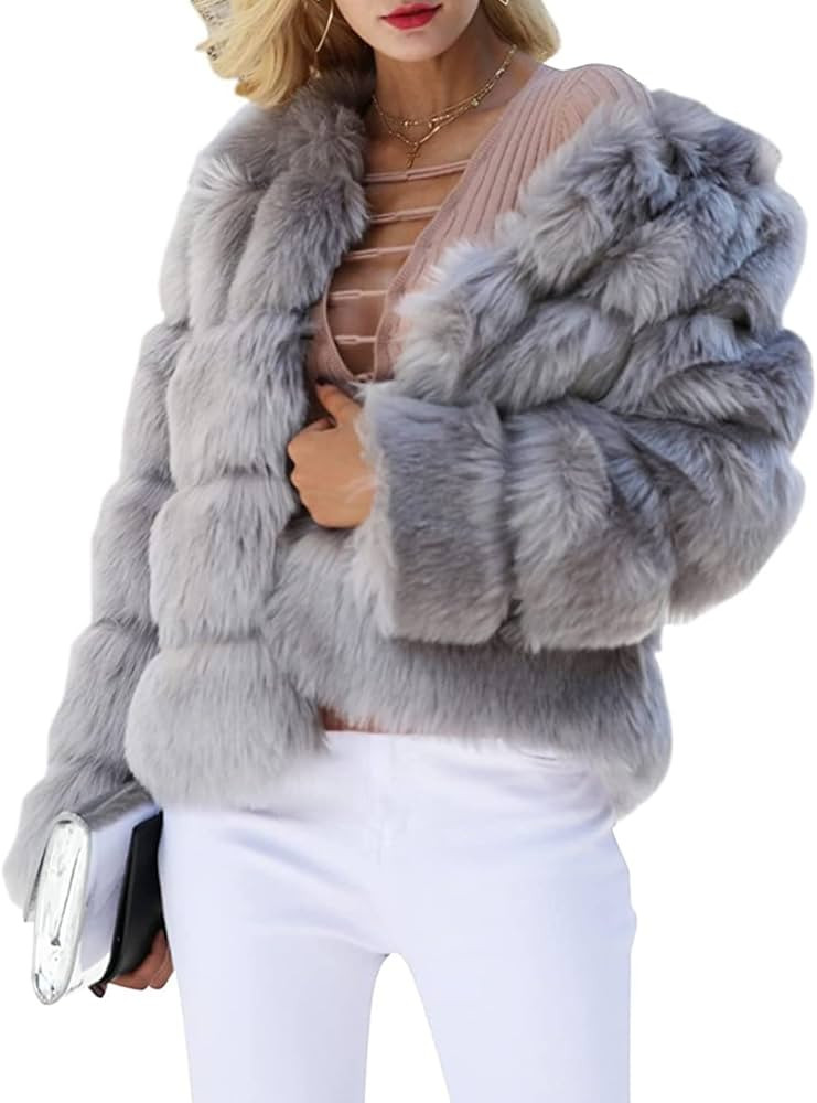 Simplee Women Luxury Winter Warm Fluffy Faux Fur Short Coat Jacket Parka Outwear | Amazon (US)
