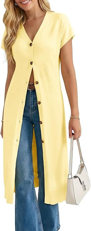 Saodimallsu Womens Long Cardigans Lightweight Short Sleeve Button V Neck Loose Knit Casual Summer... | Amazon (US)