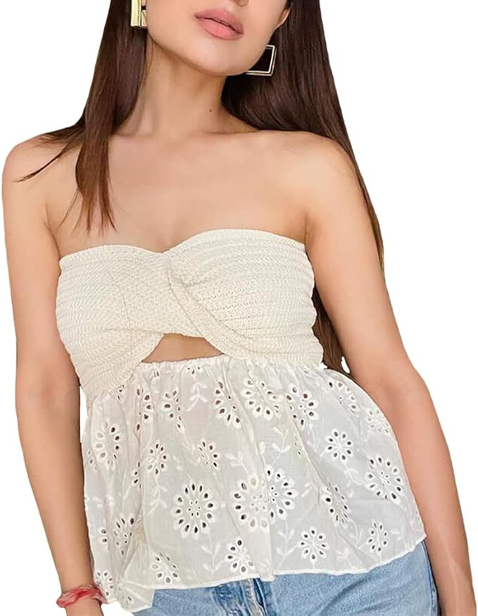 Cioatin Women Strapless Twist Knot Knitted Bandeau Tube Cut Out Embroidered Eyelet Ruffle Lace P... | Amazon (US)