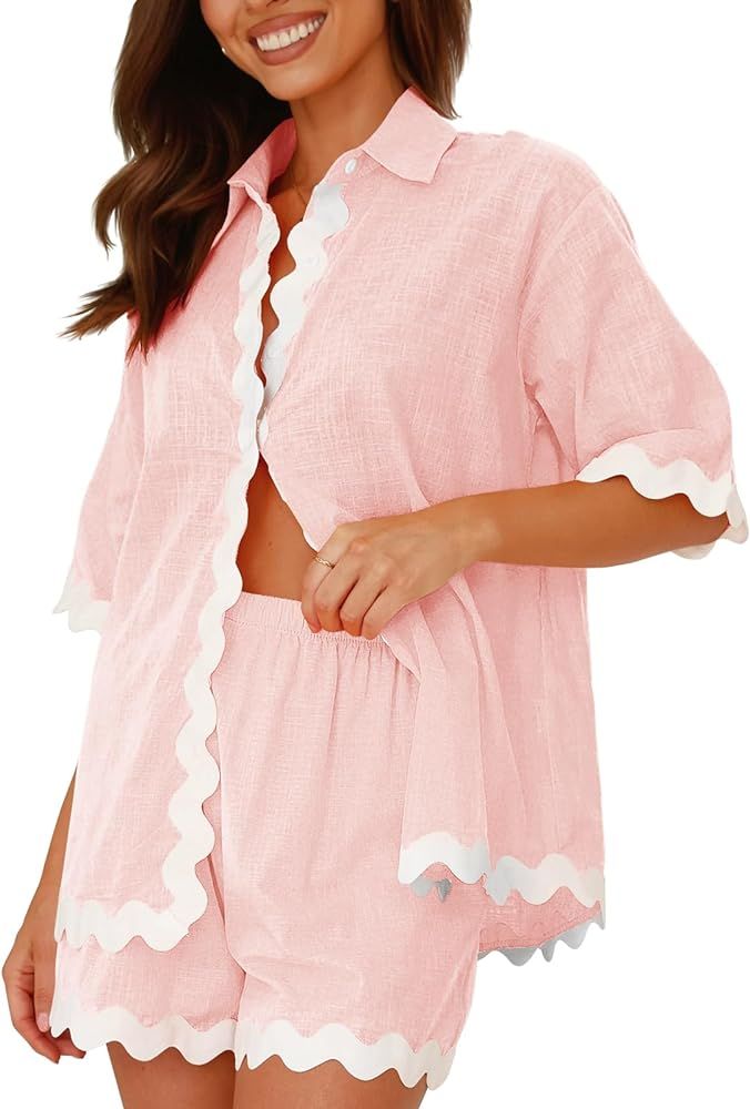 Womens 2024 Summer 2 Piece Matching set Summer Beach Outfits Long Sleeve Oversized Shirts And Sho... | Amazon (US)