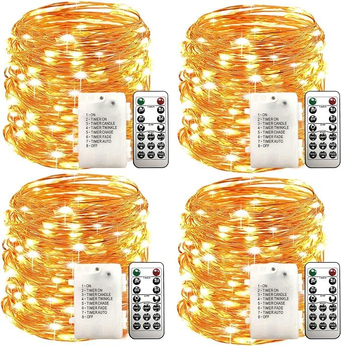 WSgift 4 Pack 33Ft 100 Warm White Led Fairy Lights Battery Operated with Remote Control Timer Wat... | Amazon (US)