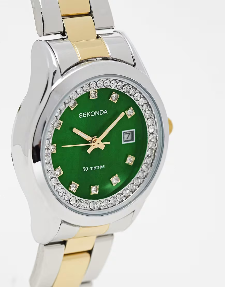 Sekonda - Catherine - Orologio a lancette da donna da 27 mm con cassa rotonda in lega argentata, cinturino in acciaio inossidabile bicolore e quadrante verde | ASOS (Global)