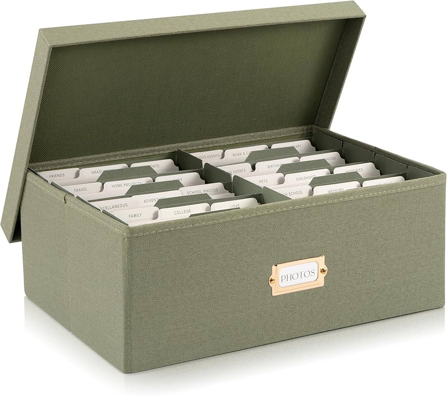 ZICOTO Decorative Photo Storage Box - Sturdy Linen Photo Organizer with Dividers is Perfect to St... | Amazon (US)
