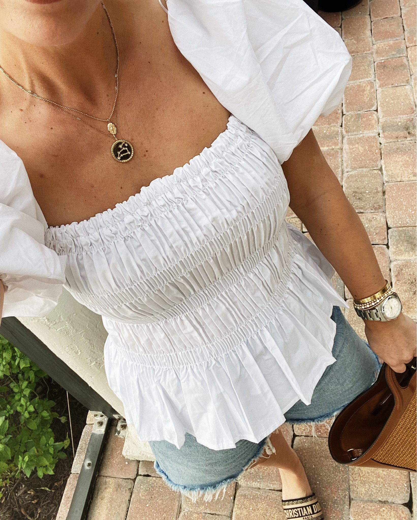 Vacation outfit, white top, gold layered jewelry, denim Agolde cutoffs. 

#LTKSeasonal #LTKunder100 #LTKunder50