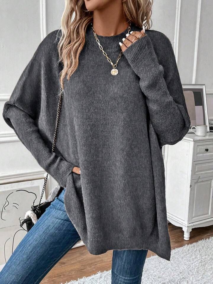 Solid Color Batwing Sleeve Sweater | SHEIN
