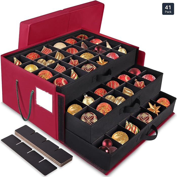 Christmas Ornament Storage Box，Stackable 3 Drawer Organizers，Max 72 3" Christmas bauble, Adju... | Amazon (US)