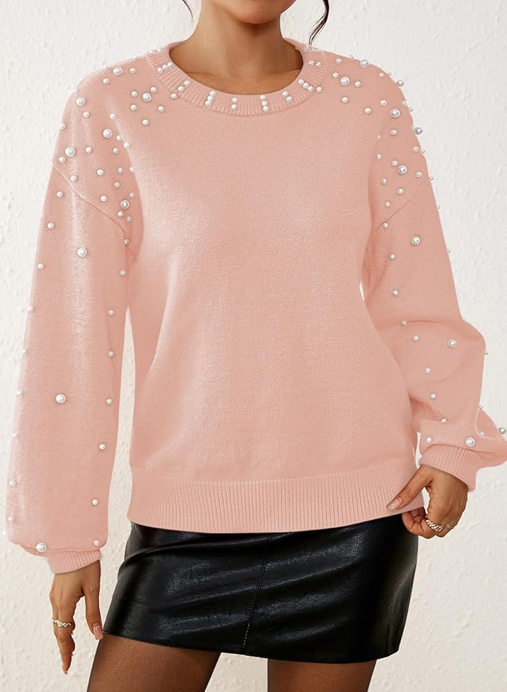 Pink Queen Pearl Sweater for Women 2025 Fashion Fall Winter Chunky Crewneck Lantern Sleeve Loose ... | Amazon (US)