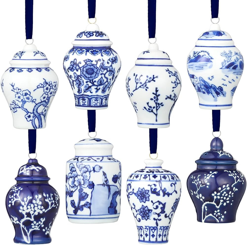8 Pcs Christmas Mini Ginger Jar Ornaments Chinoiserie Porcelain Hanging Ornaments Ceramic Christmas Ornaments Blue and White Christmas Tree Decorations Christmas Hanging Pendant (Vintage Style) | Amazon (US)