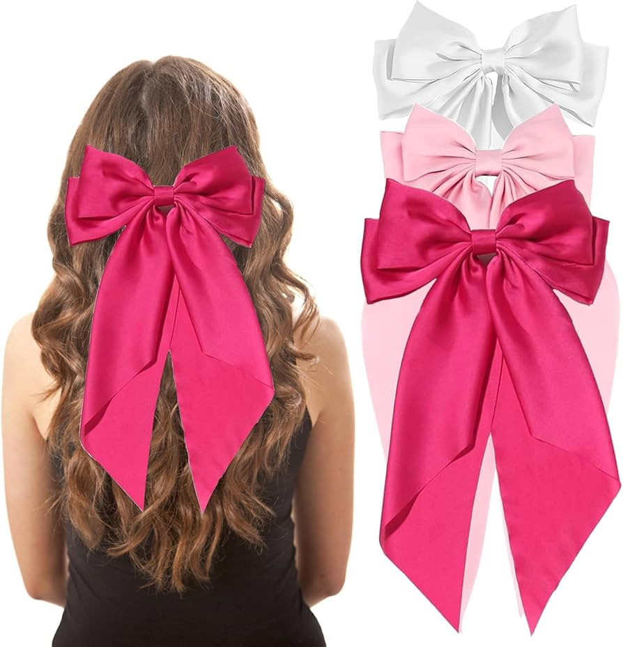 FEXPDL Pink Hair Bow 3PCS Big Hair Bows for Women, Solid Color Pink Bows for Hair with Long Silk ... | Amazon (UK)
