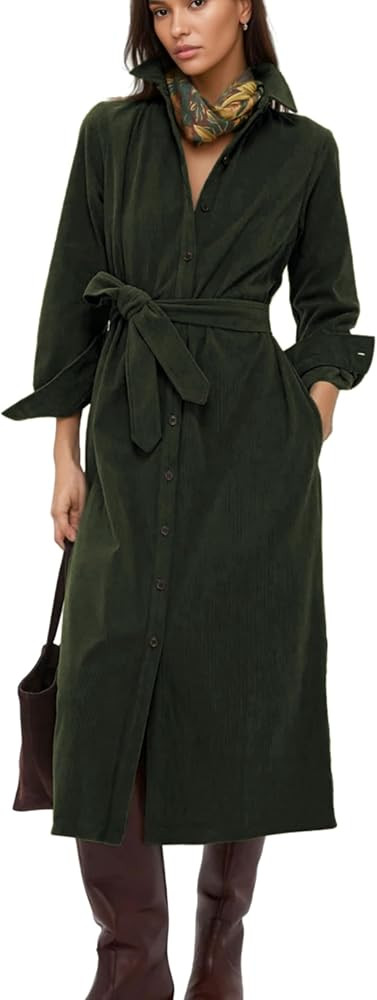 Womens Fall Winter Corduroy Midi Dress Long Sleeve Collared Button Front Belted Flowy Shirt Dress... | Amazon (US)