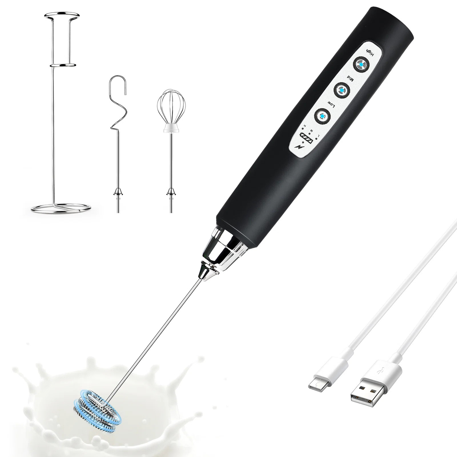 Kitchen Milk Frother With Stand,Handheld Electric Whisk Black | Wayfair North America