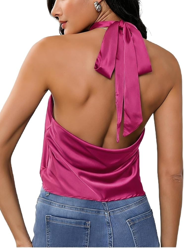 MakeMeChic Women's Satin Silk Halter Tank Tops Open Back Going Out Top | Amazon (US)