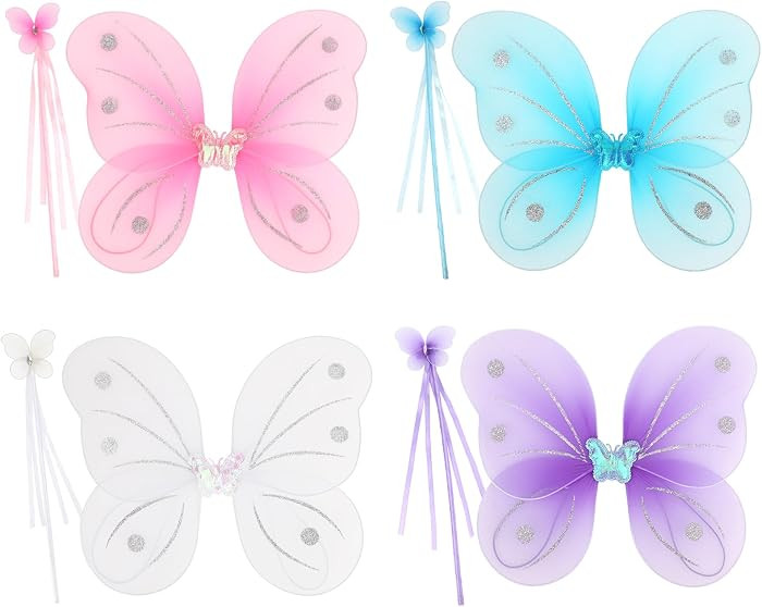kilofly 4 Sets Angel Butterfly Wings Fairy Wands Princess Dress Up Costume | Amazon (US)