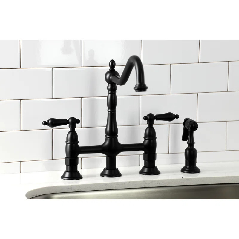 Kingston Brass Heritage Two-Handle 4-Hole Deck Mount Bridge Kitchen Faucet with Brass Side Spraye... | Wayfair North America