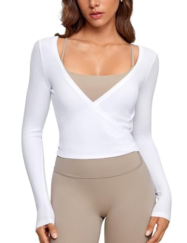 INGIA Womens V-Neck Long Sleeve Cross Wrap Top Slim Fit Soft Knit Layering Shirt Casual Yoga Gym Bandage Tie Tops White X-Large | Amazon (US)