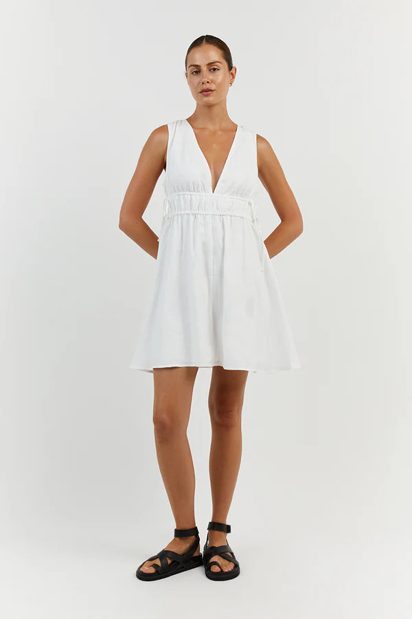 PIA WHITE LINEN LOW NECK MINI DRESS | DISSH