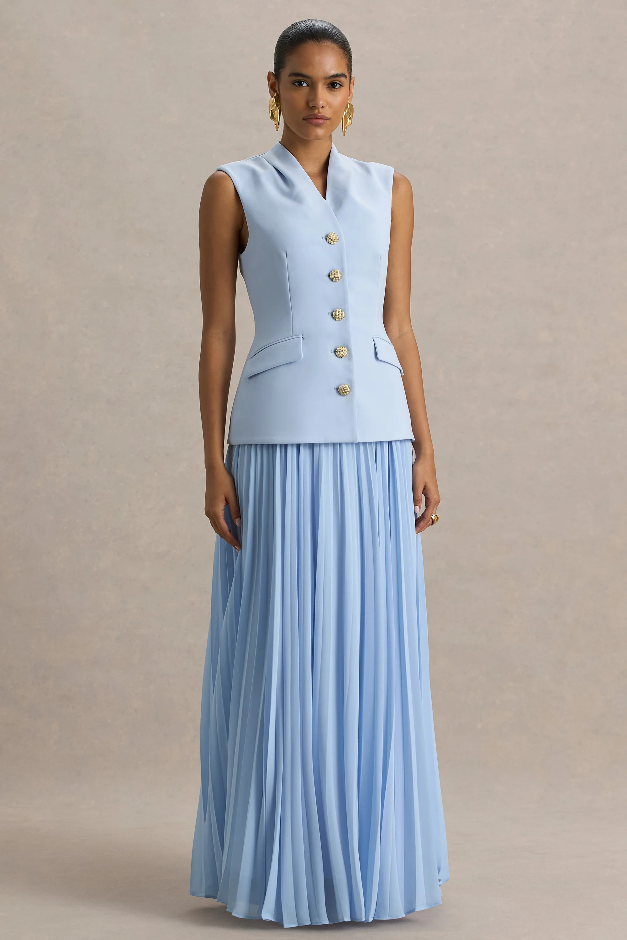Heavenly | Powder Blue High Neck Maxi Dress With Pleated Detailing | Club L London
