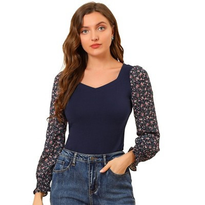 INSPIRE CHIC Women's Sweetheart Neck Contrast Color Floral Chiffon Sleeve Tops Blue X-Small | Target