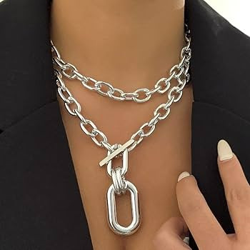 Rumtock 2pcs Silver Layered Chunky Chain Choker Necklace with Toggle Clasp Rectangle Oval Pendant... | Amazon (US)