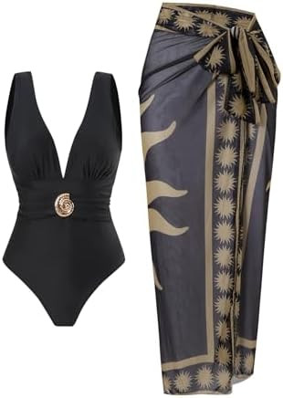 SherryDC One Piece Swimsuit with Cover up Wrap Skirt Sarong Floral Print Plunge V Neck Bathing Su... | Amazon (US)